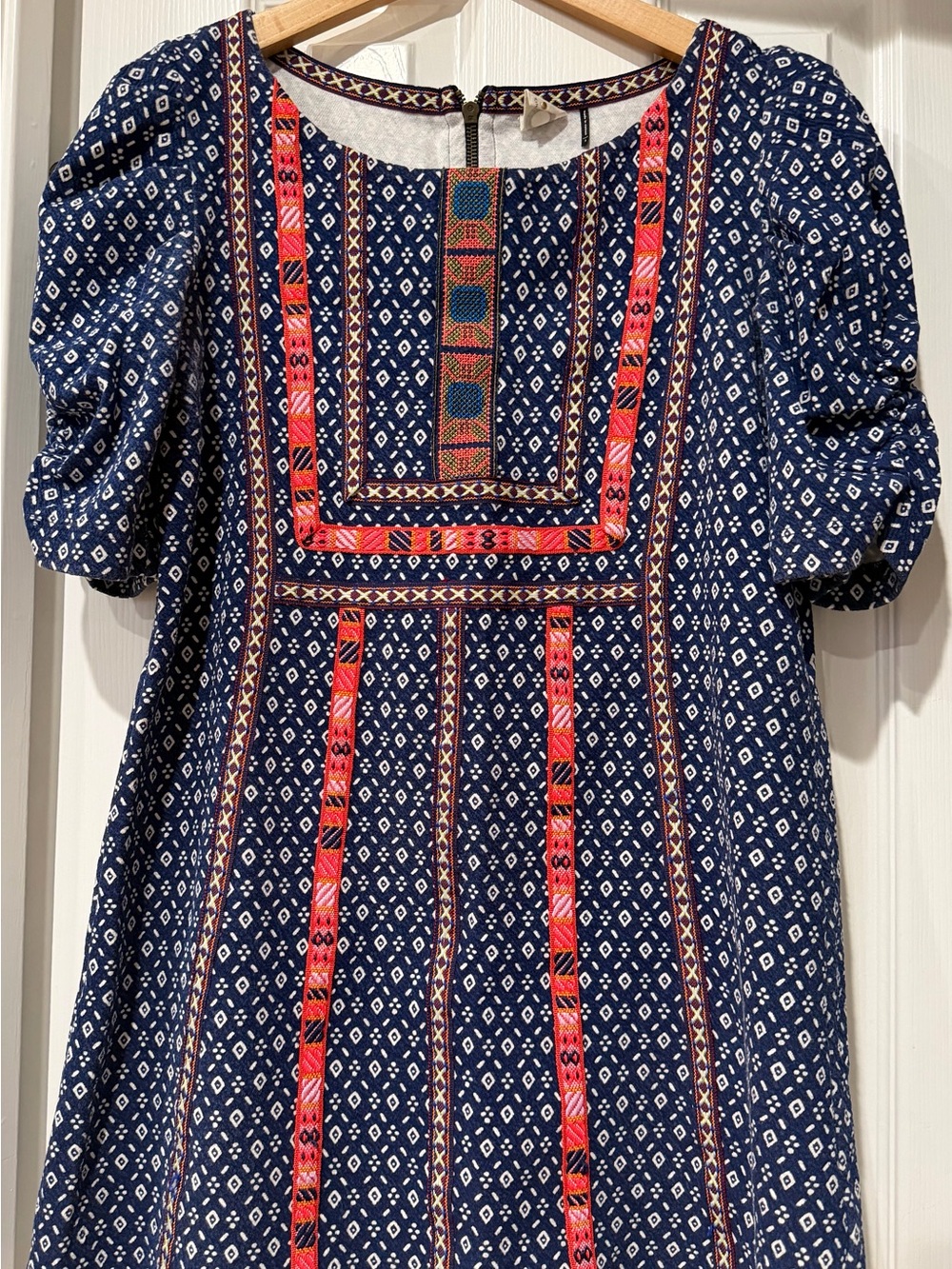 Anthropologie Akemi Kin Blue Embroidered Seva Tunic Mini Dress Ruched Sleeves SM
